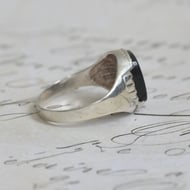 Vintage Sterling Silver Onyx Signet Ring Black Cushion Stepped Shoulders Vintage - 5