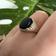 Vintage Sterling Silver Onyx Signet Ring Black Cushion Stepped Shoulders Vintage - 3