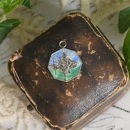 Vintage Silver Enamel St Christopher Pendant Charm Traveller Saint Blue Green Octagonal Drop