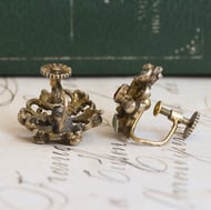 Antique Austro Hungarian Silver Gilt Earrings Seed Pearl Turquoise Garnet Screw Back - 4