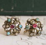 Antique Austro Hungarian Silver Gilt Earrings Seed Pearl Turquoise Garnet Screw Back