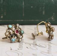Antique Austro Hungarian Silver Gilt Earrings Seed Pearl Turquoise Garnet Screw Back - 7