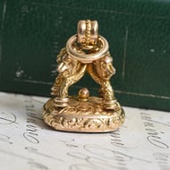 Antique Gilt Fob Seal Onyx Roman Soldier Intaglio Figural Lion Beast Wax Seal Charm - 3