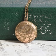Antique Rolled Gold Locket Necklace Round Engraved Floral WWI Photo Chain - 2