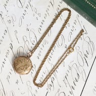 Antique Rolled Gold Locket Necklace Round Engraved Floral WWI Photo Chain - 8