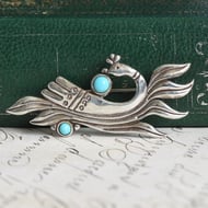 Vintage Sterling Silver Bird Brooch Turquoise Repousse Figural Pin