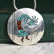 Southwestern Sterling Silver Kokopelli Pendant Turquoise Coral Inlay Keychain Flute Player