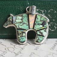 Vintage Southwestern Silver Spirit Bear Pendant Turquoise Opal Inlay Reversible  - 7