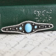 Silver Bar Brooch Blue Synthetic Turquoise Cabochon Rope Twist Boho Southwestern Vintage