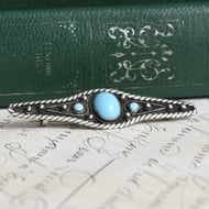 Silver Bar Brooch Blue Synthetic Turquoise Cabochon Rope Twist Boho Southwestern Vintage - 2