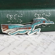 Tommy Singer Navajo Sterling Silver Roadrunner Brooch Turquoise Coral Chip Inlay Signed - 2