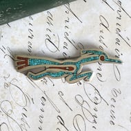 Tommy Singer Navajo Sterling Silver Roadrunner Brooch Turquoise Coral Chip Inlay Signed