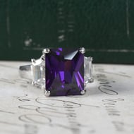 Sterling Silver Purple Stone Cocktail Ring Emerald Cut Baguette Statement 925