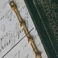 Swarovski Gold Tone Pave Crystal Station Bracelet Clear Stone Double Curb Chain - 7