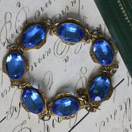 Vintage Silver Gilt Marcasite Bracelet Blue Glass Oval Panel Link