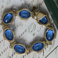 Vintage Silver Gilt Marcasite Bracelet Blue Glass Oval Panel Link  - 2
