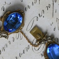 Vintage Silver Gilt Marcasite Bracelet Blue Glass Oval Panel Link  - 3