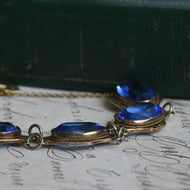 Vintage Silver Gilt Marcasite Bracelet Blue Glass Oval Panel Link  - 4