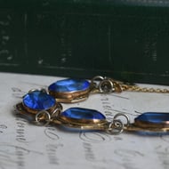 Vintage Silver Gilt Marcasite Bracelet Blue Glass Oval Panel Link  - 5