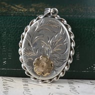 Vintage Sterling Silver Locket Pendant Engraved Floral Gold Accent Rope Frame