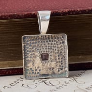 Silver Amethyst Pendant Hammered Square Spiral Scroll Purple Stone Boho - 3