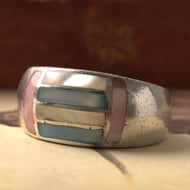 Vintage Sterling Silver Mother of Pearl Chunky Bubble Ring Pink Blue