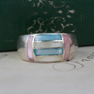 Vintage Sterling Silver Mother of Pearl Chunky Bubble Ring Pink Blue - 4