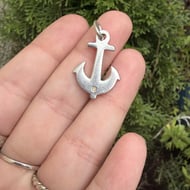 Vintage Sterling Silver Anchor Pendant Transparent Stone French - 2