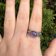 Silver Amethyst Ring Oval Cabochon Purple Stone Floral Shoulders Chunky Band - 3