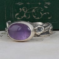 Silver Amethyst Ring Oval Cabochon Purple Stone Floral Shoulders Chunky Band - 4