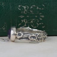 Silver Amethyst Ring Oval Cabochon Purple Stone Floral Shoulders Chunky Band - 6