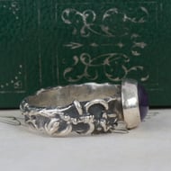 Silver Amethyst Ring Oval Cabochon Purple Stone Floral Shoulders Chunky Band - 7