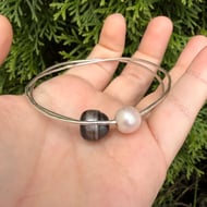 Silver Bangle Bracelet Pearl Twin Hammered Wire Stacking Cuff Peacock - 3