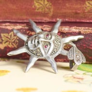 Sterling Silver Marcasite Sun Pendant Celestial Face Vintage Boho - 7