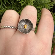 Vintage Sterling Silver Citrine Ring Flower Poppy Head Oxidised 925 - 2