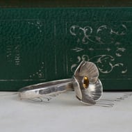 Vintage Sterling Silver Citrine Ring Flower Poppy Head Oxidised 925 - 7