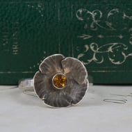 Vintage Sterling Silver Citrine Ring Flower Poppy Head Oxidised 925