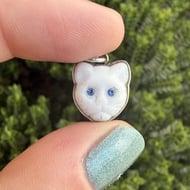 Vintage Sterling Silver Cat Pendant Charm Czech Glass Rhinestone Cute - 3