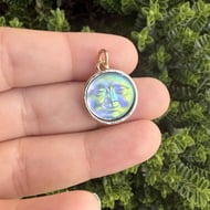 Moon Face Pendant Charm Iridescent Blue Celestial Gold Tone  - 2