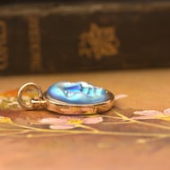 Moon Face Pendant Charm Iridescent Blue Celestial Gold Tone  - 4
