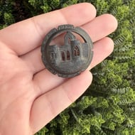 Victorian Irish Bog Oak Round Brooch Abbey Cathedral Hand Carved Antique - 2