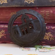 Victorian Irish Bog Oak Round Brooch Abbey Cathedral Hand Carved Antique