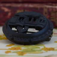 Victorian Irish Bog Oak Round Brooch Abbey Cathedral Hand Carved Antique - 6