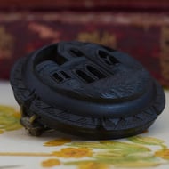 Victorian Irish Bog Oak Round Brooch Abbey Cathedral Hand Carved Antique - 7