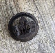 Victorian Irish Bog Oak Round Brooch Abbey Cathedral Hand Carved Antique - 3