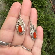 Sterling Silver Scroll Red Onyx Drop Earrings Dangle Floral 925 - 2