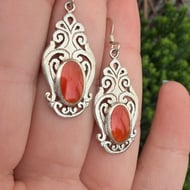 Sterling Silver Scroll Red Onyx Drop Earrings Dangle Floral 925 - 3