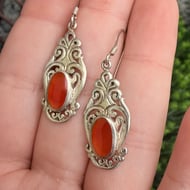 Sterling Silver Scroll Red Onyx Drop Earrings Dangle Floral 925 - 4