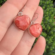 Sterling Silver Faux Coral Heart Chunky Red Stone Earrings 925 - 3