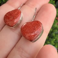 Sterling Silver Faux Coral Heart Chunky Red Stone Earrings 925 - 4